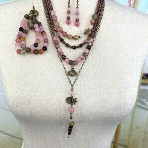Pink Agate Quartz Necklace 4 Strand Sea Shells